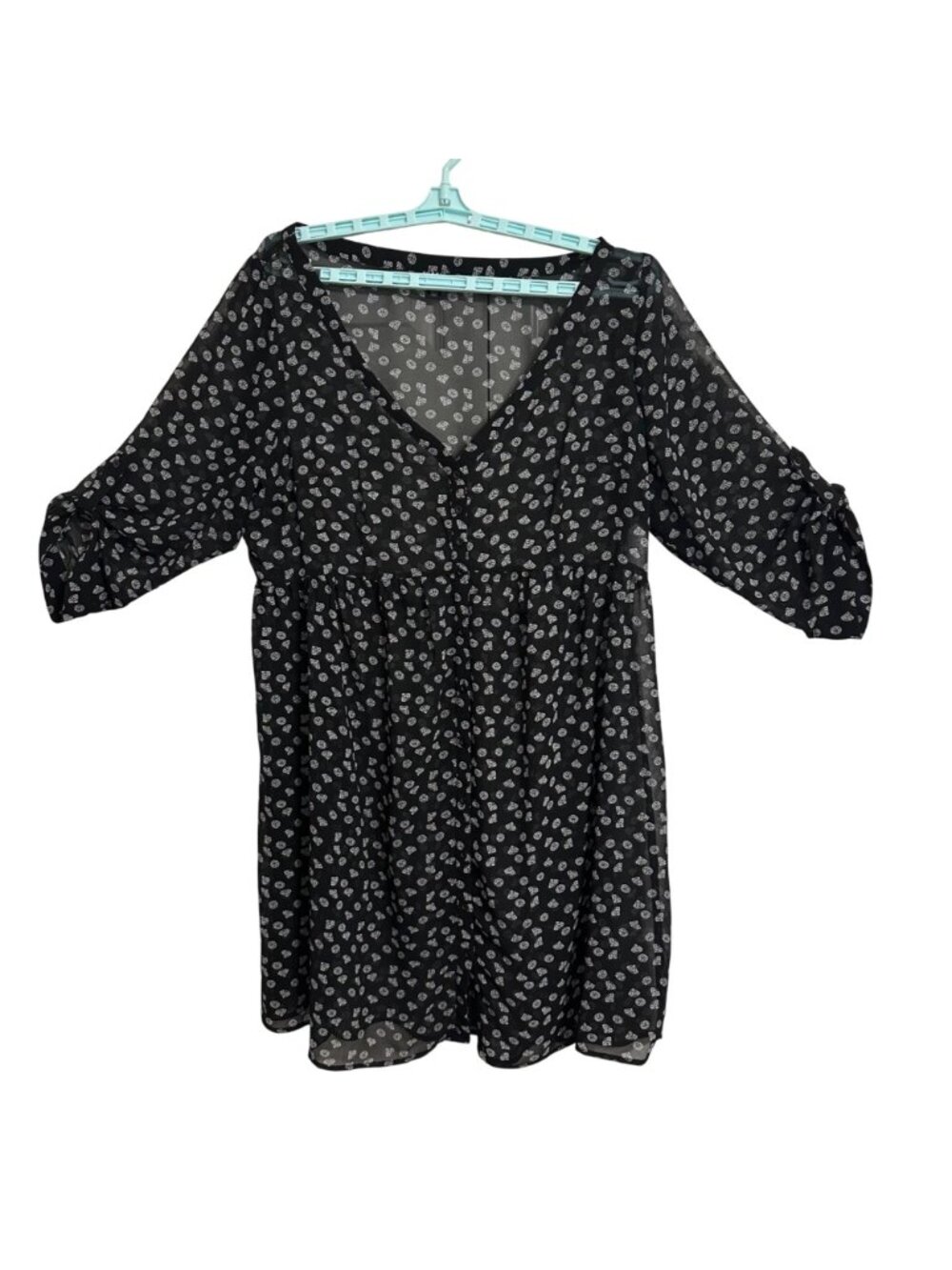 Torrid Black & White Diamond Print Sheer Baby Doll Dress 3/4 Sleeves V-Neck 1X - Picture 2 of 6